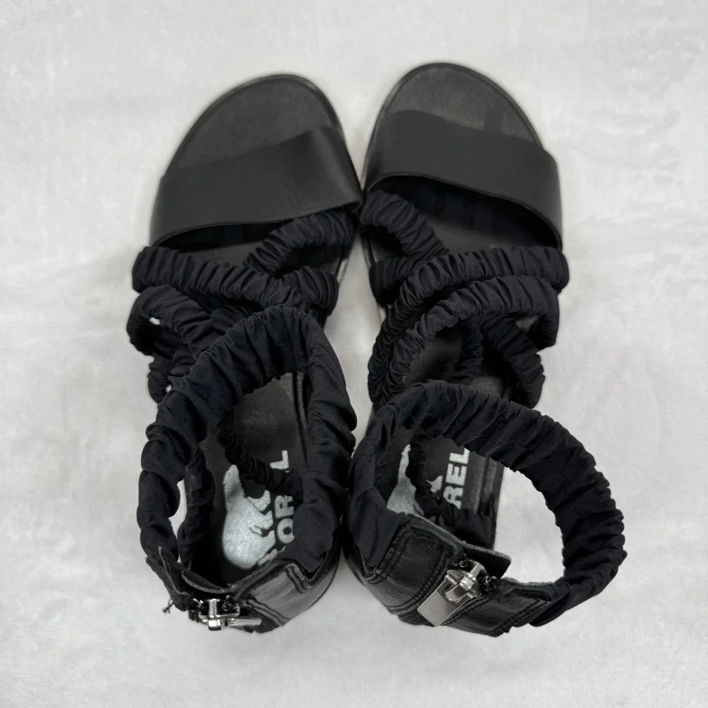 Sorel Gladiator Sandals Ruched Straps Back Zipper Black Leather Size 6.5‎
